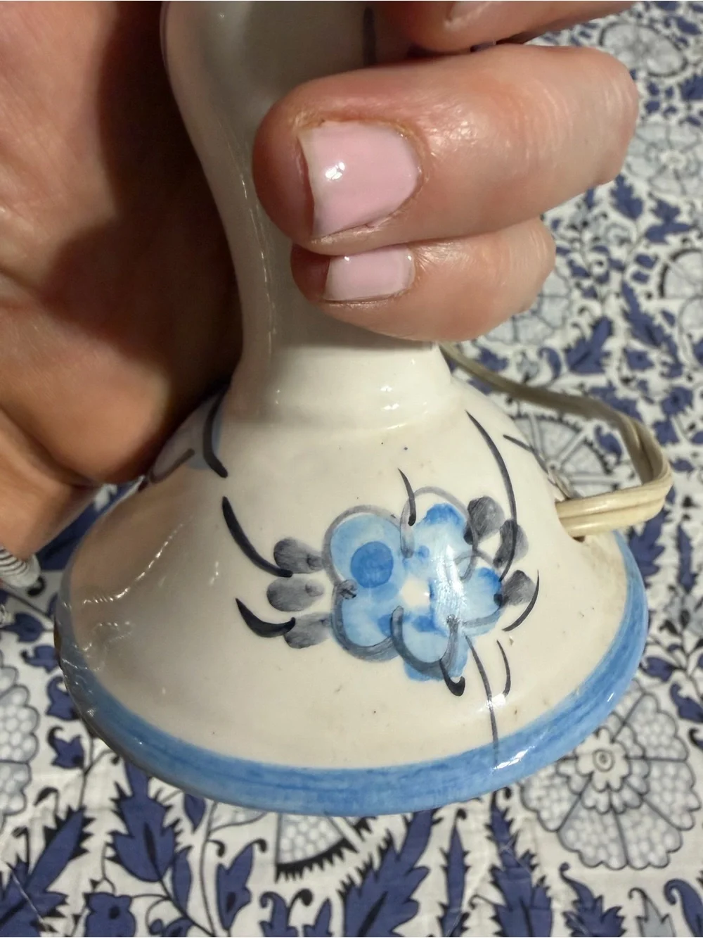 Vintage Blue and White Floral Ceramic Candlestick Lamps - Pair hand painted EUC